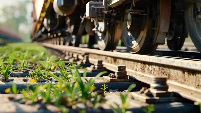Close-up of train wheels on tracks with grass and sunlight