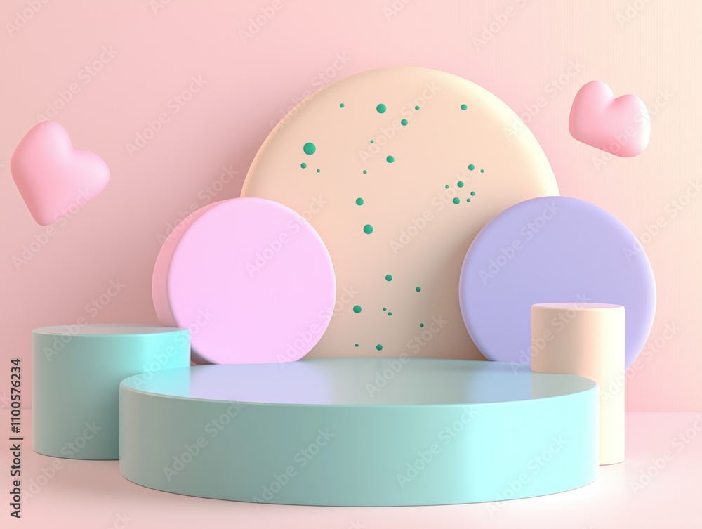 Poster pastel colored 3d podium display scene. abstract shapes, colors create minimal, empty background ide