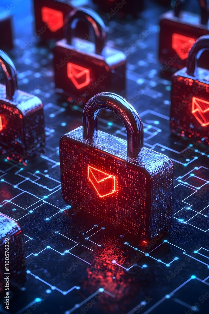 Aufkleber digital locks with glowing red highlights on a circuit-like background, symbolizing cybersecurity.