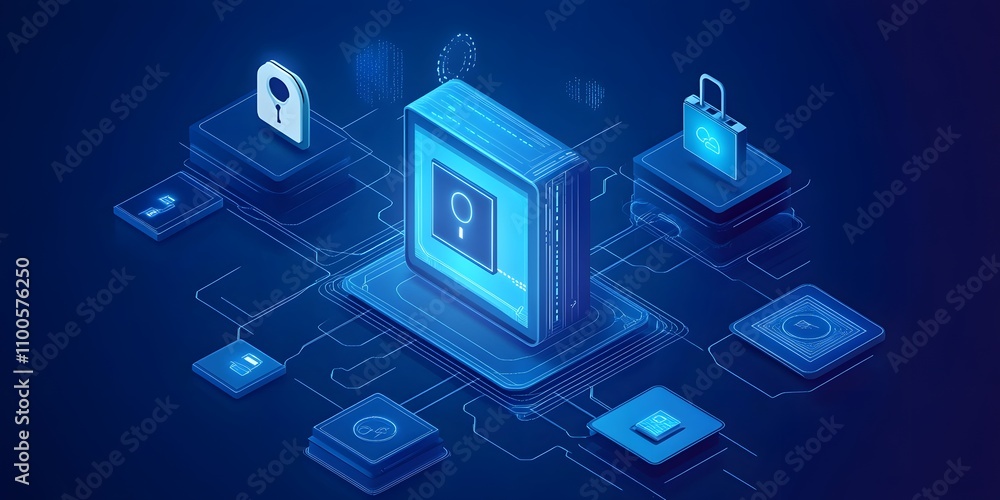 Poster digital security concept with a central lock symbol and interconnected icons.