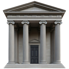 A large building with columns and a black door