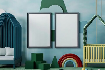Obraz premium Colorful nursery with geometric wallpaper, red crib, matching dresser, and two blank posters for mockup