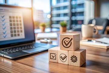 A Meticulously Arranged Desk Showcasing a Wooden Cube with a Checkmark, Quality and ISO Symbols, Reflecting Corporate Compliance and Business Success in a Professional Setting