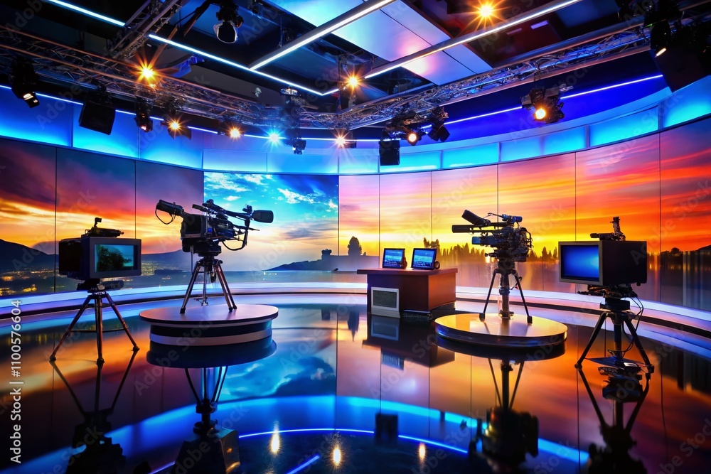Poster a modern broadcast studio setup with multiple cameras, large led screens, and professional lighting 