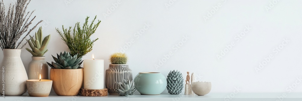 Poster collection showcases an array of vases, candles, and small plants thoughtfully arranged against a cl