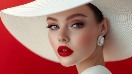 Elegant Lady in White Hat with Red Lips Makeup