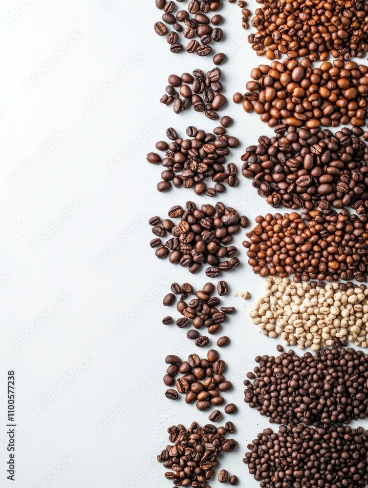 Poster different types of coffee beans arranged neatly on a white background, offering a perfect blank canv