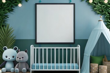 Fun and colorful photo of a poster mockup in a nursery, playful toys and soft baby accessories, creative composition with a cheerful vibe