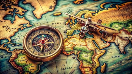 Fototapeta premium Antique Compass on a Colorful Map Representing Adventure and Exploration Across Diverse Landscapes in Drone Photography