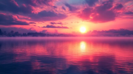 Obraz premium Vibrant Sunset Over Misty Lake With Silhouetted Trees