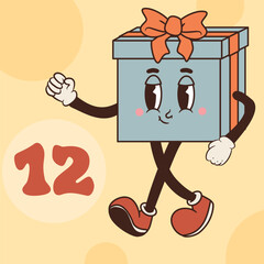 Groovy Gift character isolated on yellow background. Christmas advent calendar design, day 12. Vector illustration