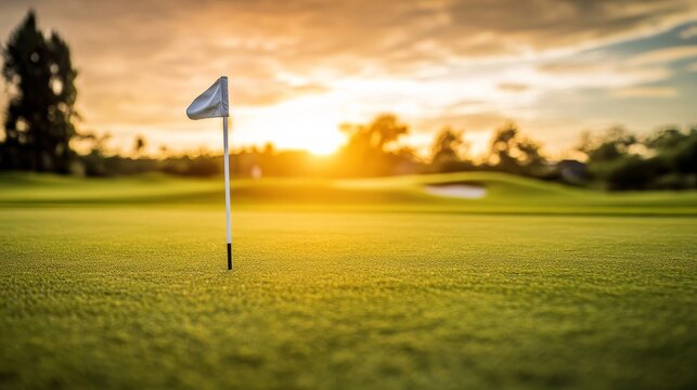 A golf flag with a focus on the flag and hole, outdoor setting with late afternoon sun, Clean style