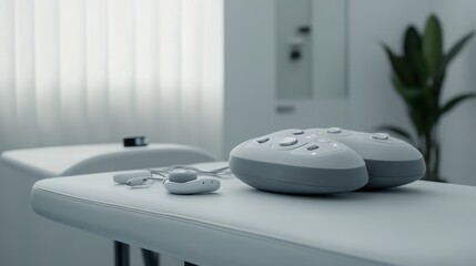 Ergonomic magnetic therapy machine and accessories neatly displayed on a therapy table, emphasizing sleek design, control panel details, and a professional clinical environment.