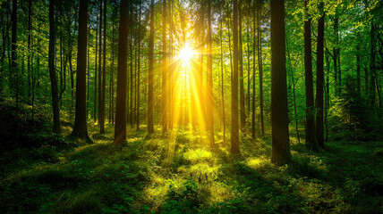 Obraz premium A dense forest scene with a ray of sunlight piercing through the trees, creating a mystical atmosphere and leaving room for adventure-related text in the foreground.
