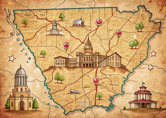 Obraz premium Architectural Photography of a Muscogee County, Georgia Map Illustration in a Scribble Sketch Style, Showcasing the Unique Geography and Layout of this Historic U.S. County