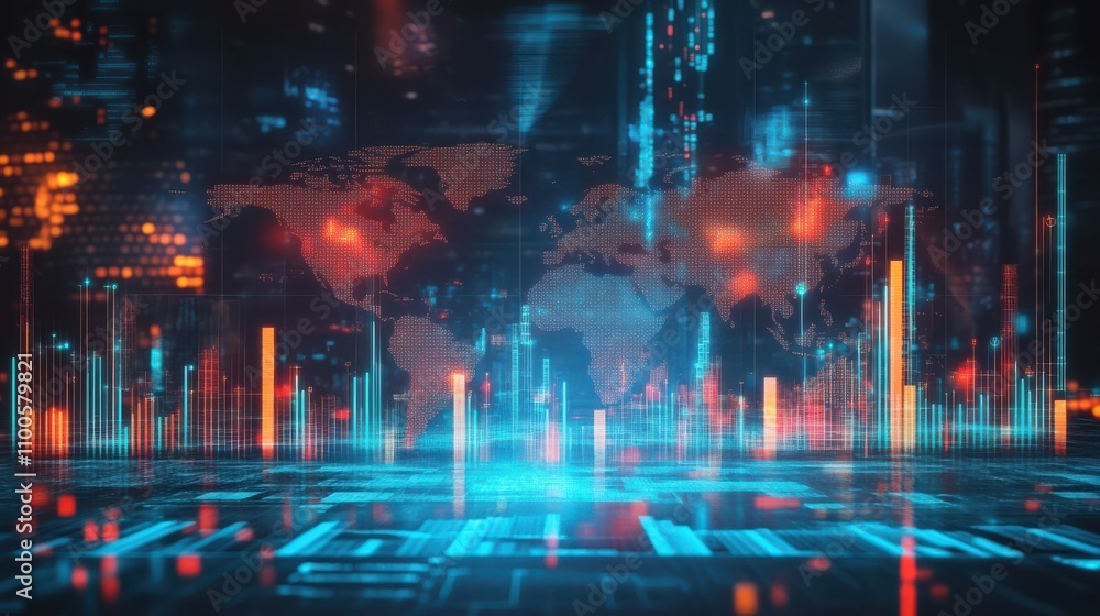 Poster in the center of the composition is a world map, surrounded by abstract global data stats on a dark 