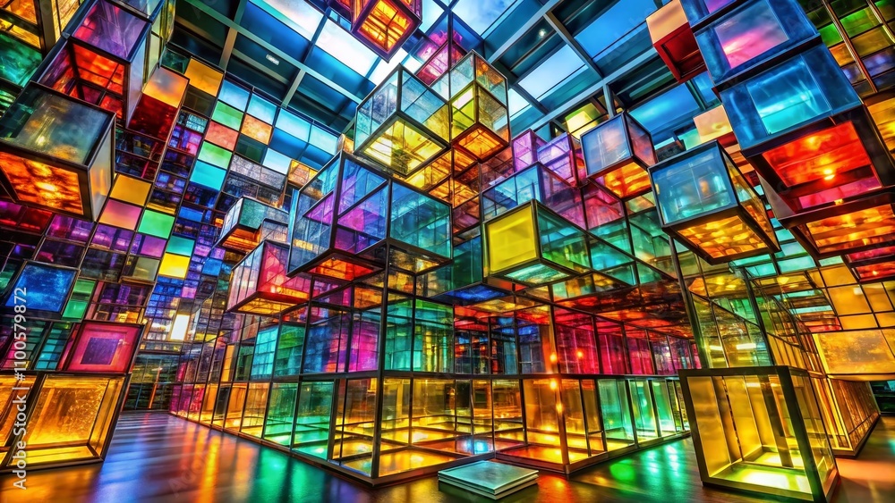 Poster architectural photography of colorful glass cube patterns in modern design spaces, showcasing artist