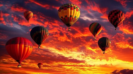 Obraz premium Colorful hot air balloons soaring against a vibrant sunset sky.