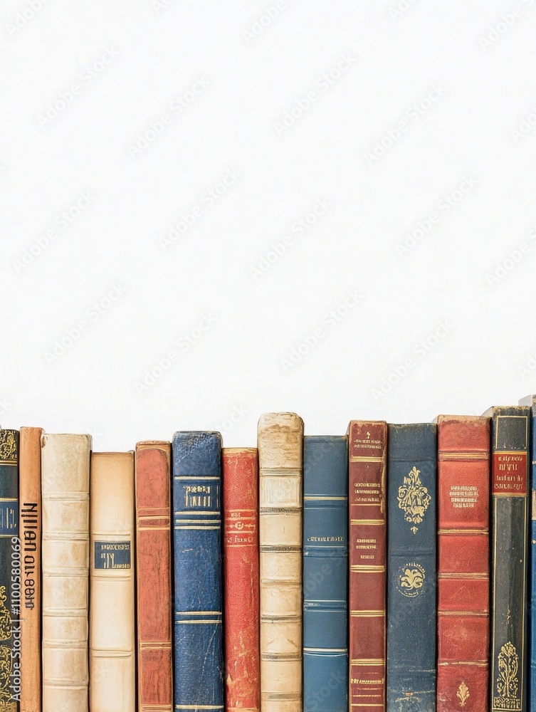 Poster A diverse lineup of books from multiple genres is arranged on a clean white surface, showcasing their colorful spines and unique designs. Generative AI