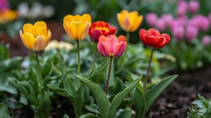 Obraz premium Colorful Tulips Blooming In A Garden Bed