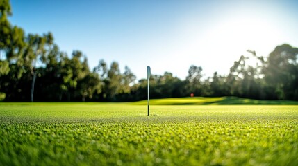 Obraz premium A golf green with focus on the putting surface and flagstick, outdoor setting with clear sky, Refined style