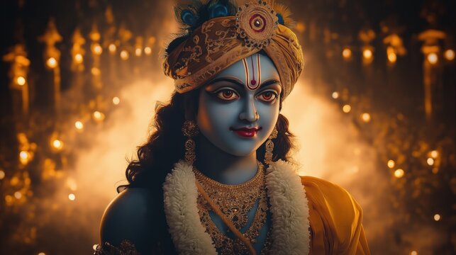 Lord Krishna portrait in religious setting. God of Hinduism looks serene with traditional attire. Ornate golden jewelry adorns. Soft golden light surrounds. Spiritual Hindu deity. Cultural heritage. - Powered by Adobe