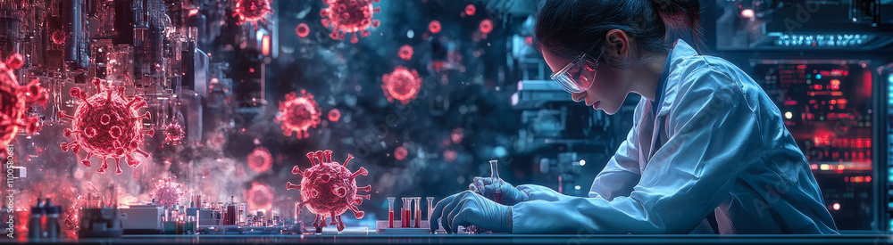 Poster a scientist in a lab coat observes viral structures while working on experiments to develop vaccines