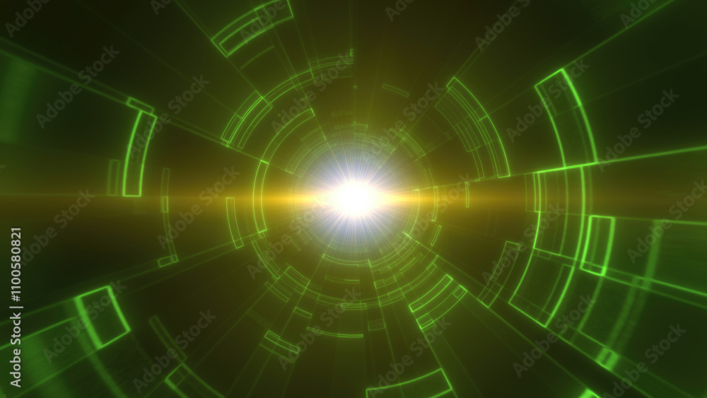 Poster a futuristic, green digital tunnel with concentric circular patterns and glowing lines technology an