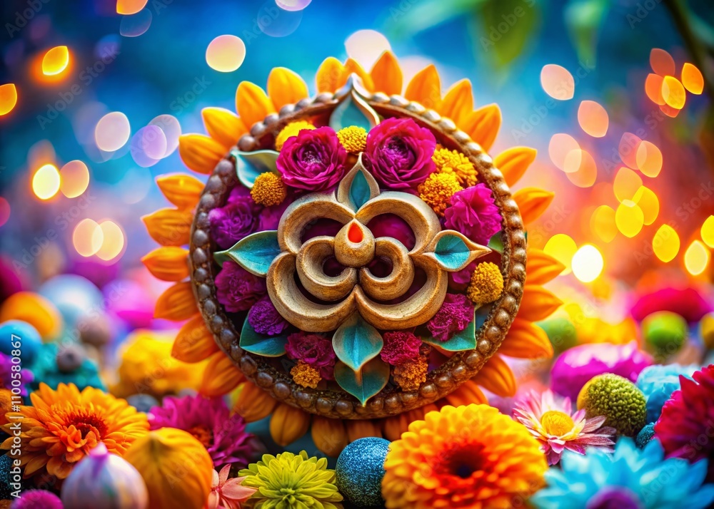 Poster artistic om symbol creation with floral elements: a macro photography perspective capturing the intr