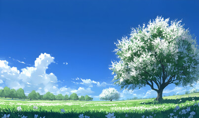 Obraz premium A serene landscape featuring blooming trees under a bright blue sky with fluffy clouds.