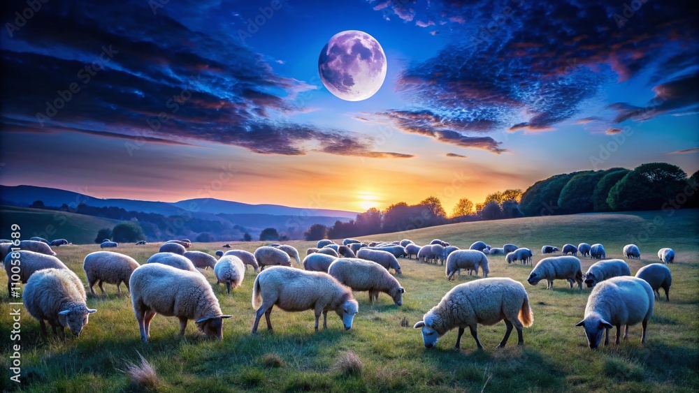 Aufkleber a serene panoramic view of a flock of sheep grazing under a full moon surrounded by a twilight sky, 