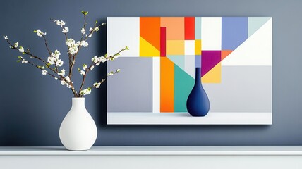 Neutral abstract painting with structured geometric forms, elegant and contemporary with a focus on clean design