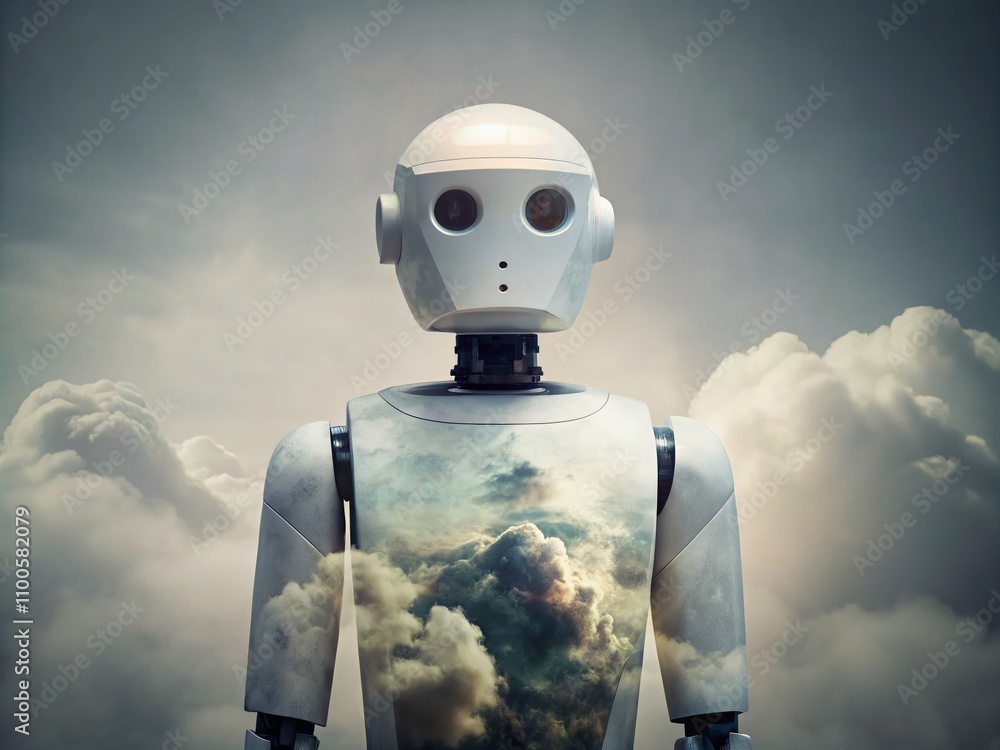 Poster a simple white robot with black eyes captured in double exposure photography against a soft gray bac