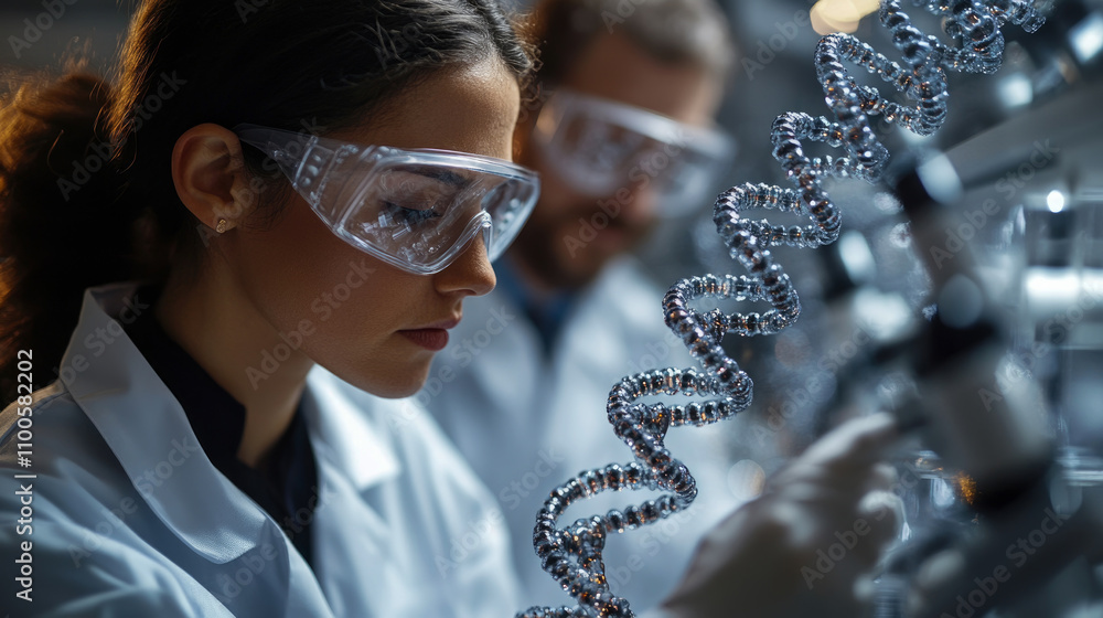 Poster two scientists in lab coats and goggles examine complex molecular structures under dim lighting, foc