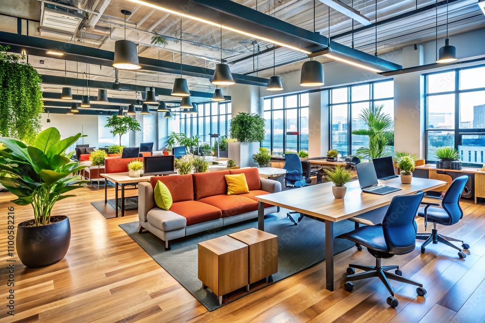 Aufkleber a soft-focus view of a modern tech company open-plan office featuring flexible seating and advanced 