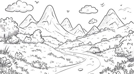 Fototapeta premium A charming children’s coloring page design, doodle-style landscape with mountains, clouds, a field, bushes, and a winding road; cartoon-inspired vector illustration for kids to enjoy