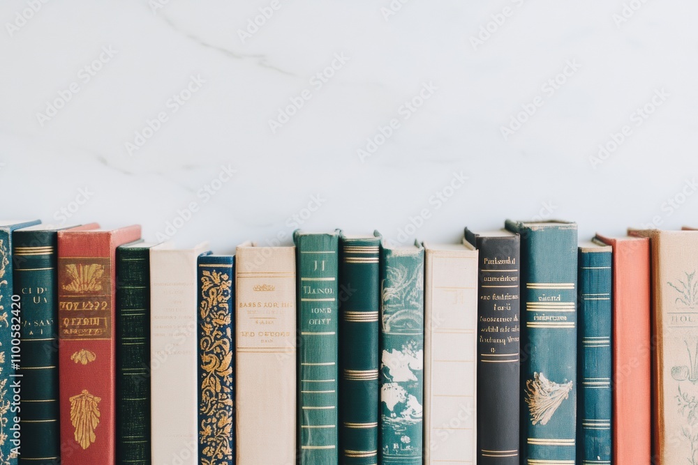 Leinwandbilder a collection of books from different genres lined up on a clean white background, displaying various