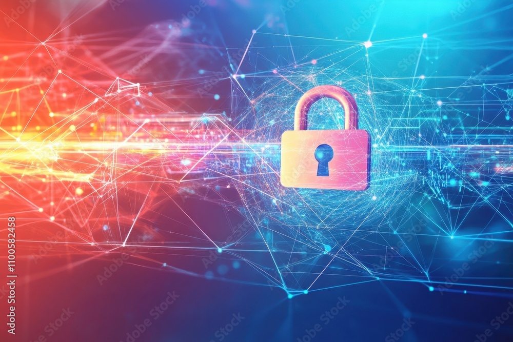 Poster abstract cyber security concept with a padlock icon, network data and dynamic lines on a light blue 