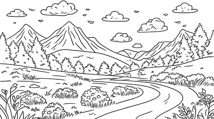 Fototapeta premium A cute kids’ coloring page featuring a scenic landscape with mountains, clouds, a field, bushes, and a winding road; vector hand-drawn illustration in a playful doodle style, perfect for a cartoon col