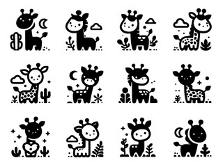 Obraz premium Adorable Giraffe Illustrations Twelve Cute Baby Giraffes. collection of giraffe silhouettes. Set of black and white animals