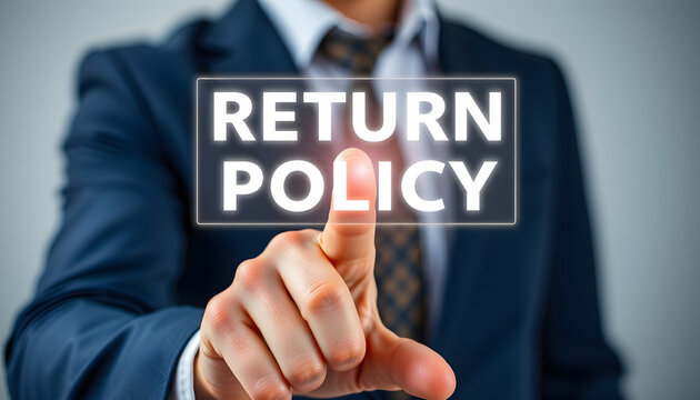 Man using virtual touch interface clicks inscription: RETURN POLICY. Concept of return policy and send package back to get money refund. Shopping purchase compensation after customer guarantee terms