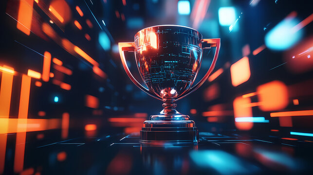 A futuristic 3d illustration of a digital trophy floating in a virtual space, symbolizing excellence in the digital age. Futuristic. Illustration