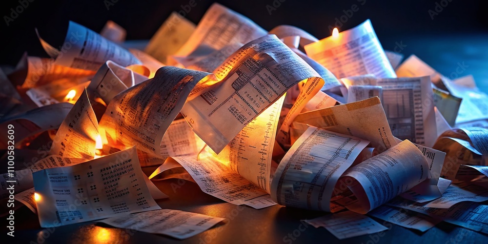Poster Assorted Shopping Receipts Scattered on a Black Background in Low Light, Showcasing Various Colors and Textures for a Unique and Artistic Perspective