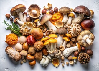 Fototapeta premium Assorted Types of Edible Mushrooms Artfully Arranged on a Clean White Surface Highlighting Their Unique Textures and Colors for Culinary and Nature Photography