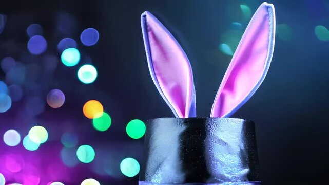 Magical bunny hat with ears on colorful bokeh background