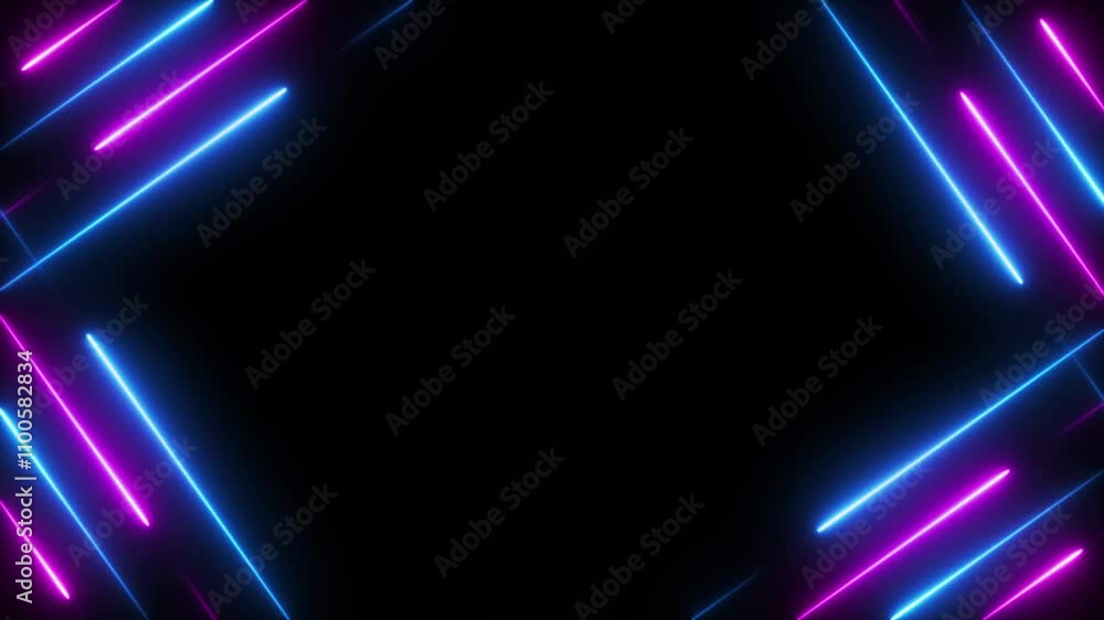 Aufkleber abstract diagonal blue pink neon glowing line frame, animated moving led light screen box 3d renderi