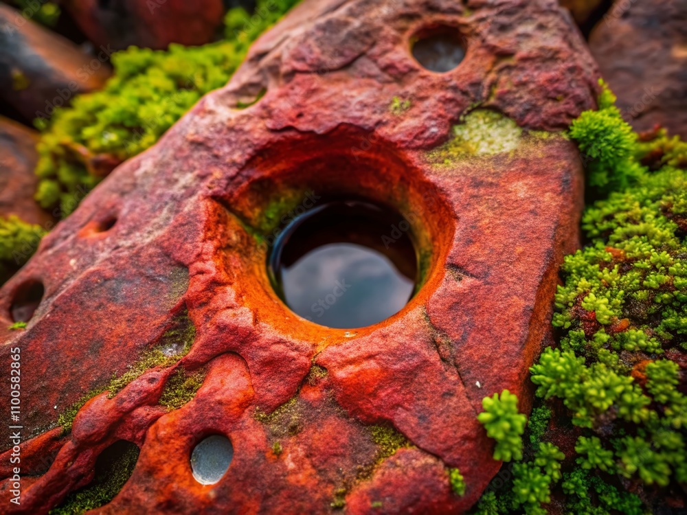 Aufkleber a striking image of a red stone surface featuring a circular hole surrounded by intricate textures a