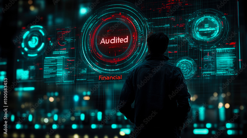 Poster individual observes a large digital screen displaying audited financial data against a backdrop of c