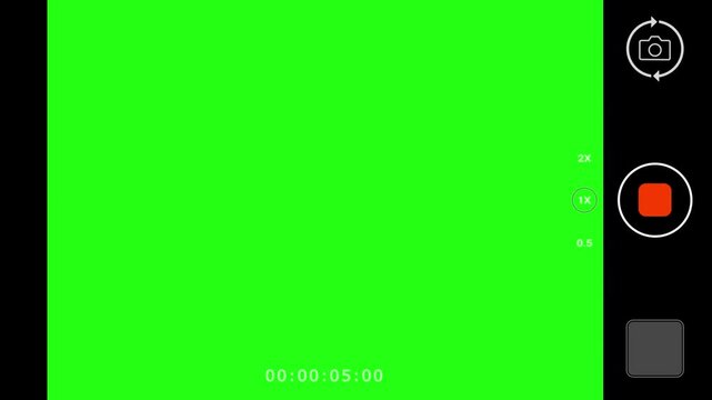 Horizontal phone camera recording screen overlay on green background, smartphone cam viewfinder frame animation template, digital mobile video recorder mode display interface with timecode design