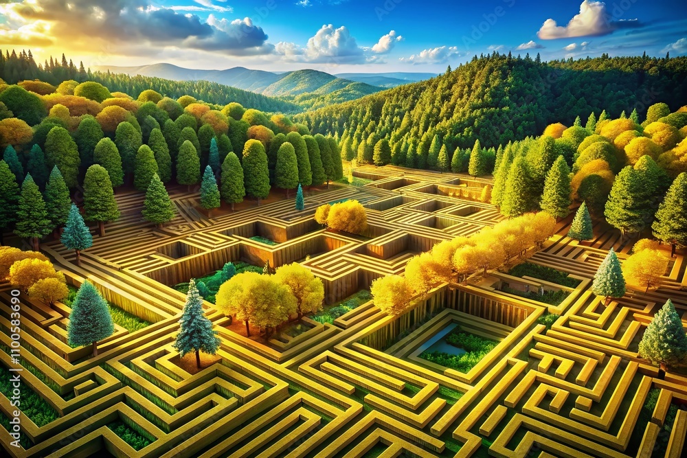 Poster a stunning landscape of golden circuits in a maze, symbolizing the intricacies of complex problem-so